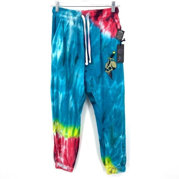 NWT ED HARDY Skull Dagger Blue Yellow Red Tie Dye Jogger Pants Size Small - Picture 2 of 10